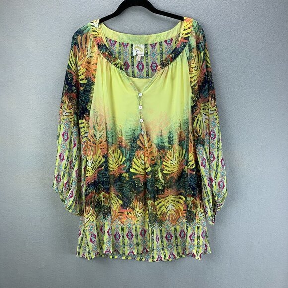 Fig & Flower Anthropologie Blouse Top Womens 2X Yellow Pullover Chiffon Layered - Picture 1 of 16